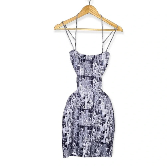 Tiger Mist Black White Building Skyline Keeli Bodycon Lace Back Dress Size XS - Picture 2 of 12